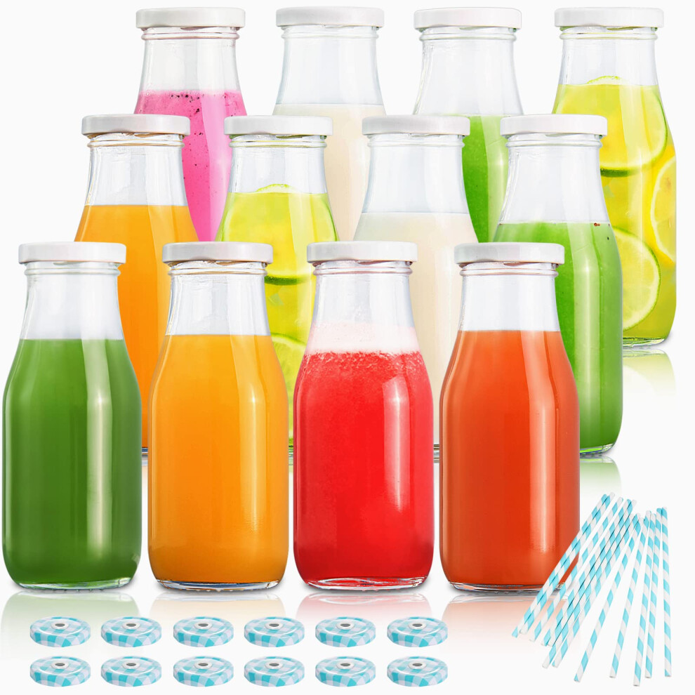 YEBODA 11oz Glass Milk Bottles with Reusable Metal Twist Lids and Straws for Beverage Glassware and Drinkware Parties Weddings BBQ Picnics Set of