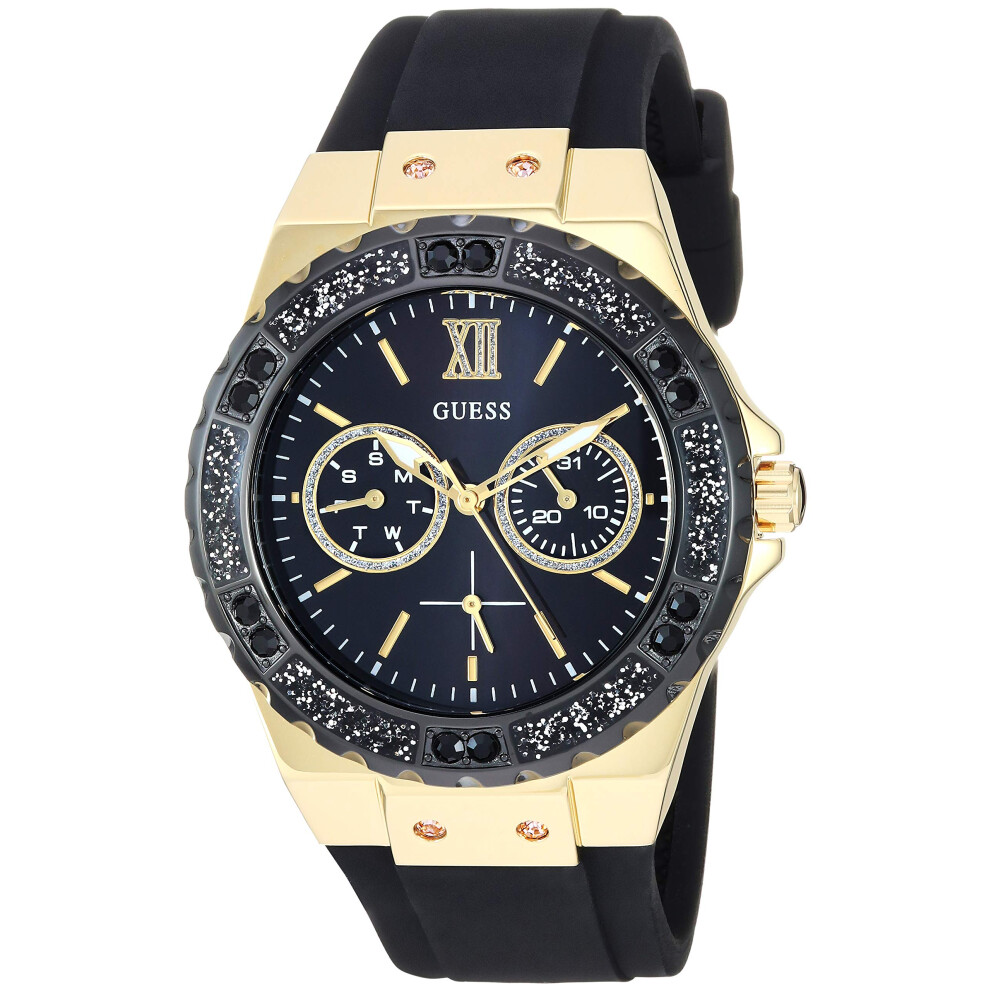 GUESS Gold-Tone Stainless Steel + Black Stain Resistant Watch with Day + Date Functions. Color: Black (Model: U1053L7)