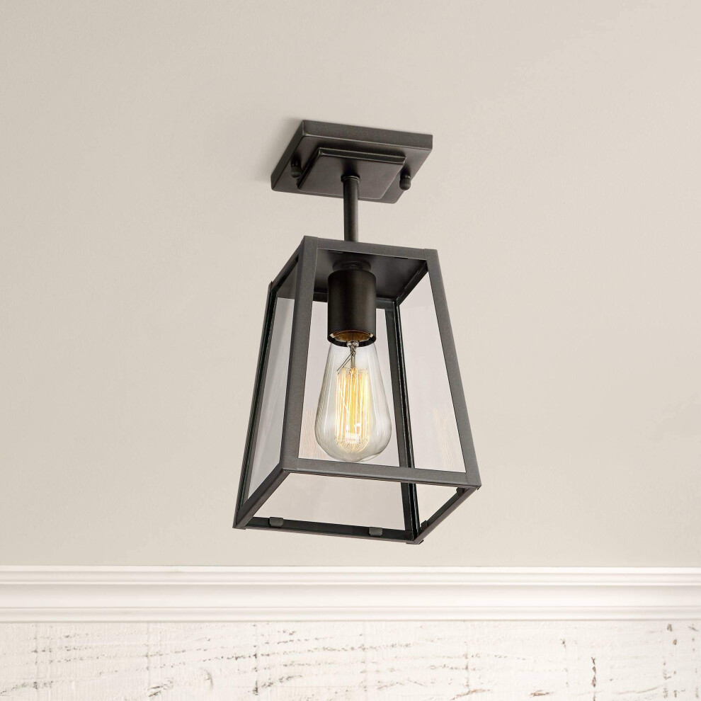 John Timberland Arrington Modern Industrial Semi Flush-Mount Outdoor Ceiling Light Fixture Mystic Black 6"" Clear Glass Damp Rated for Exterior House