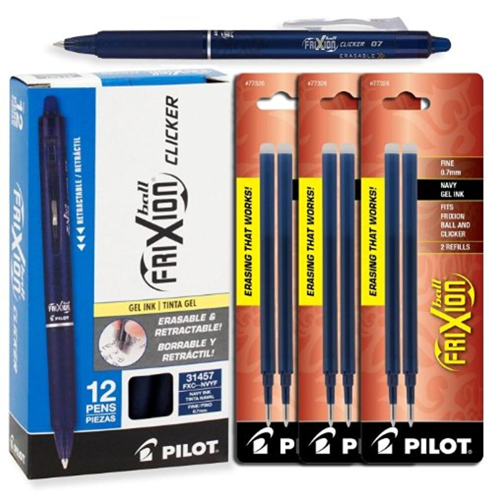 Pilot FriXion Clicker Retractable Gel Ink Pens  Eraseable  Fine Point 0.7mm  Navy Blue Ink  Pack of 12 with Bonus Packs of Refills