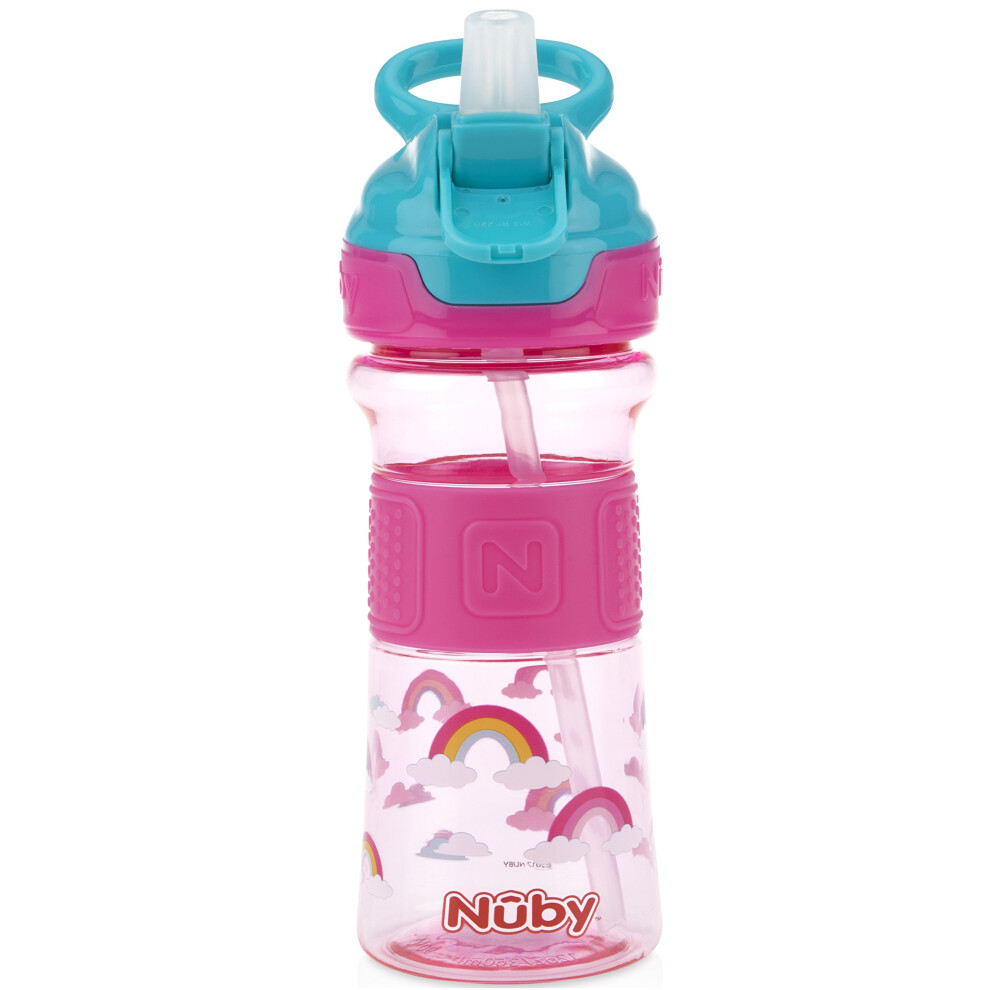 Nuby Thirsty Kids Push Button Flip-it Soft Spout on The Go Water Bottle with Easy Grip Band  Pink Rainbows  12 Ounce