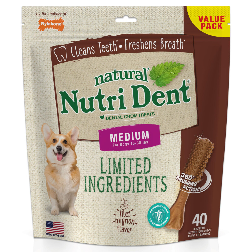 Nylabone Nutri Dent Dog Dental Chews  Natural Teeth Cleaning Dental Treats & Breath Freshener for Dogs  Filet Mignon Flavor  Medium (40 Count)