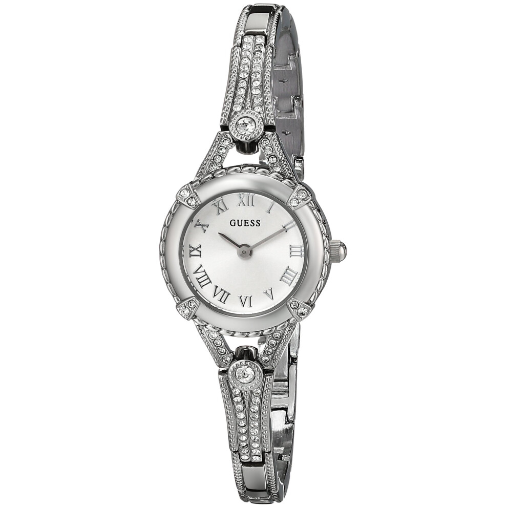 GUESS Petite Silver-Tone Crystal Bracelet Watch with Self-Adjustable Links. Color: Silver-Tone (Model: U0135L1)