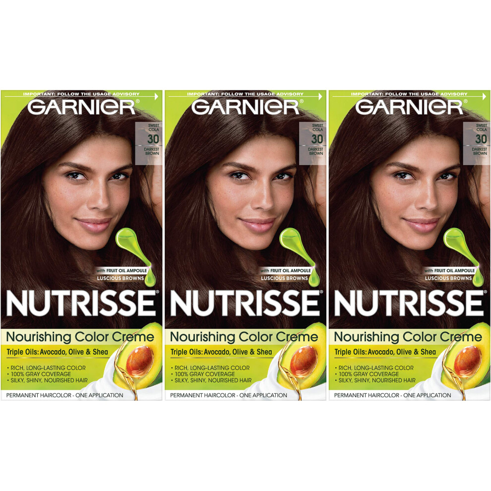 Garnier Nutrisse Nourishing Hair Color Creme  30 Darkest Brown (Sweet Cola)  3 Count (Packaging May Vary)