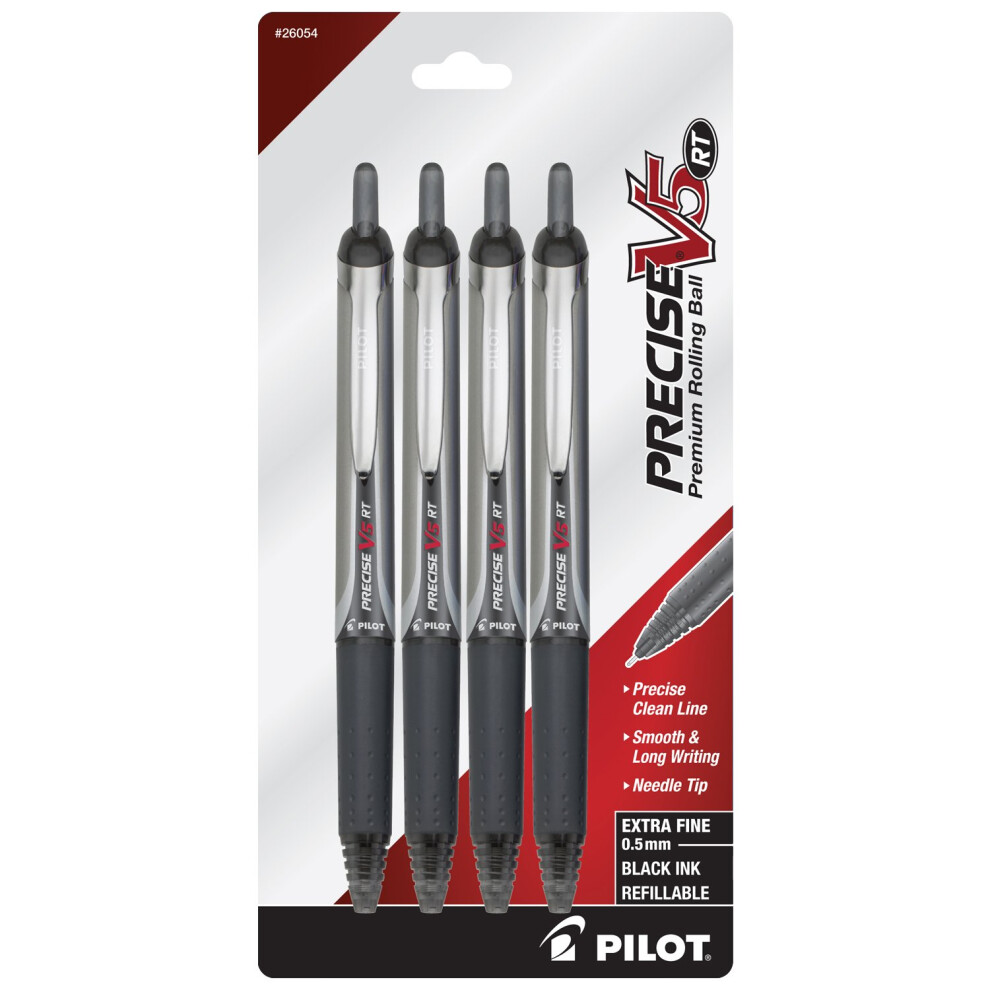 PILOT Precise V5 RT Refillable & Retractable Liquid Ink Rolling Ball Pens  Extra Fine Point (0.5mm) Black Ink  4-Pack (26054)