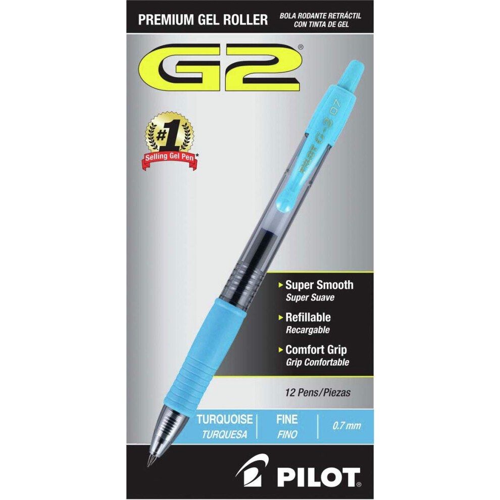 Pilot G2-7 Retractable Gel Roller Pen  Fine Pen Point Type - 0.7 mm Pen Point Size - Turquoise Ink - Translucent Barrel - Pack of 12