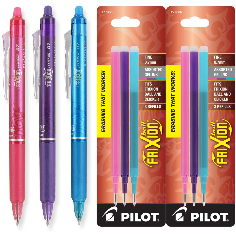 Pilot FriXion Clicker Retractable Erasable Gel Ink Pens  Fine Point  0.7mm  Assorted Fashion Ink  Pack of 3 with Bonus 2 Packs of Refills