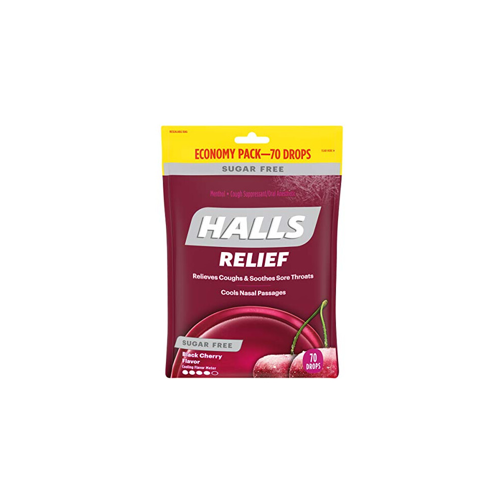 HALLS Relief Sugar Free Black Cherry Flavor Cough Drops  Economy Pack  1 Bag (70 Total Drops)