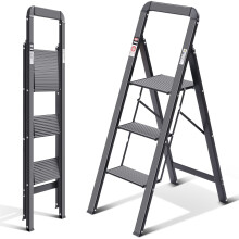 Kingrack Step Ladder 3 Steps Folding Step Ladder with Handrail Non-Slip Household Ladder with Anti-Folding Mechanism Aluminium Step Stool Maximum