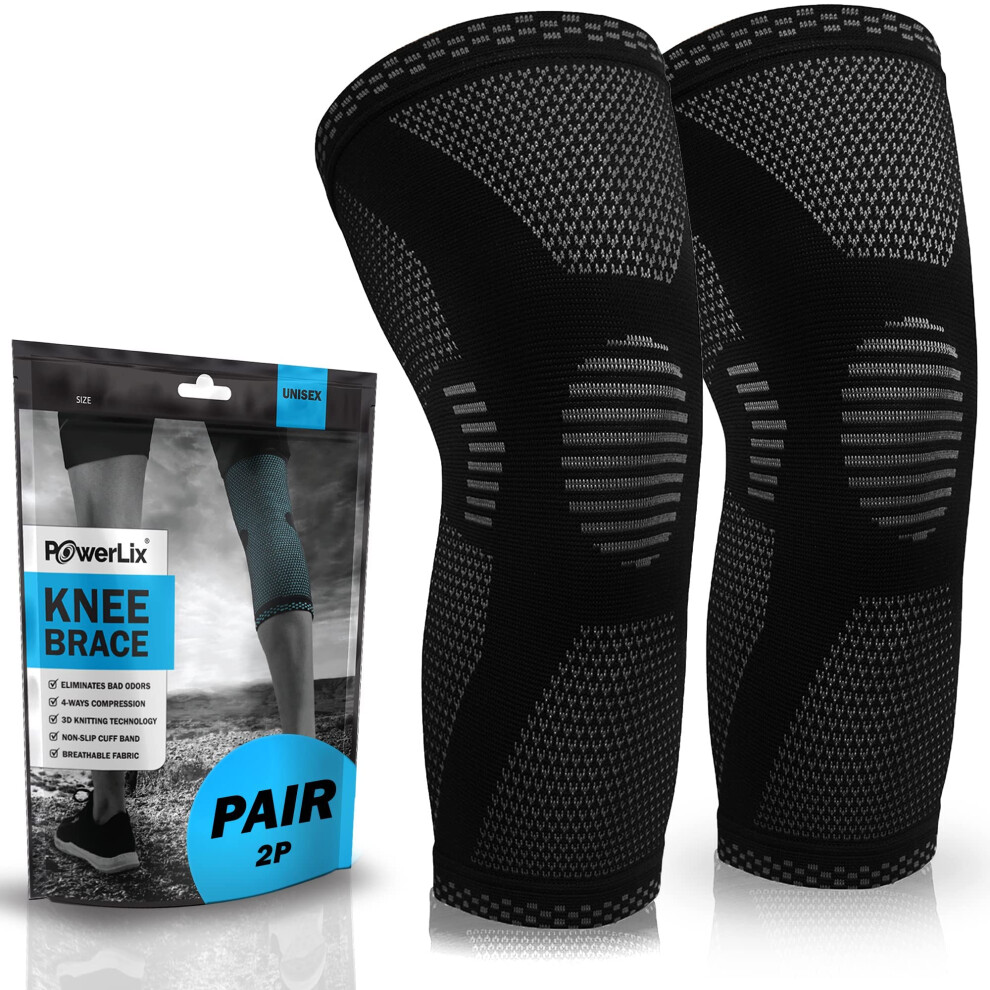 Powerlix Knee Compression Sleeve (Pair) - Best Knee Brace For Knee Pain For Men & Women - Knee Support For Running Basketball Volleyball Weightlift
