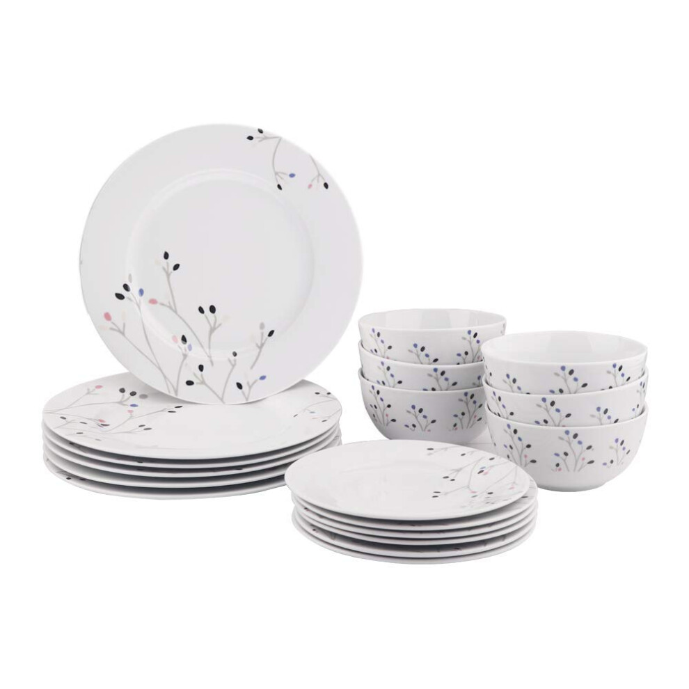 Amazon Basics 18-Piece Kitchen Dinnerware Set  Plates  Dishes  Bowls  Service for 6  Branches