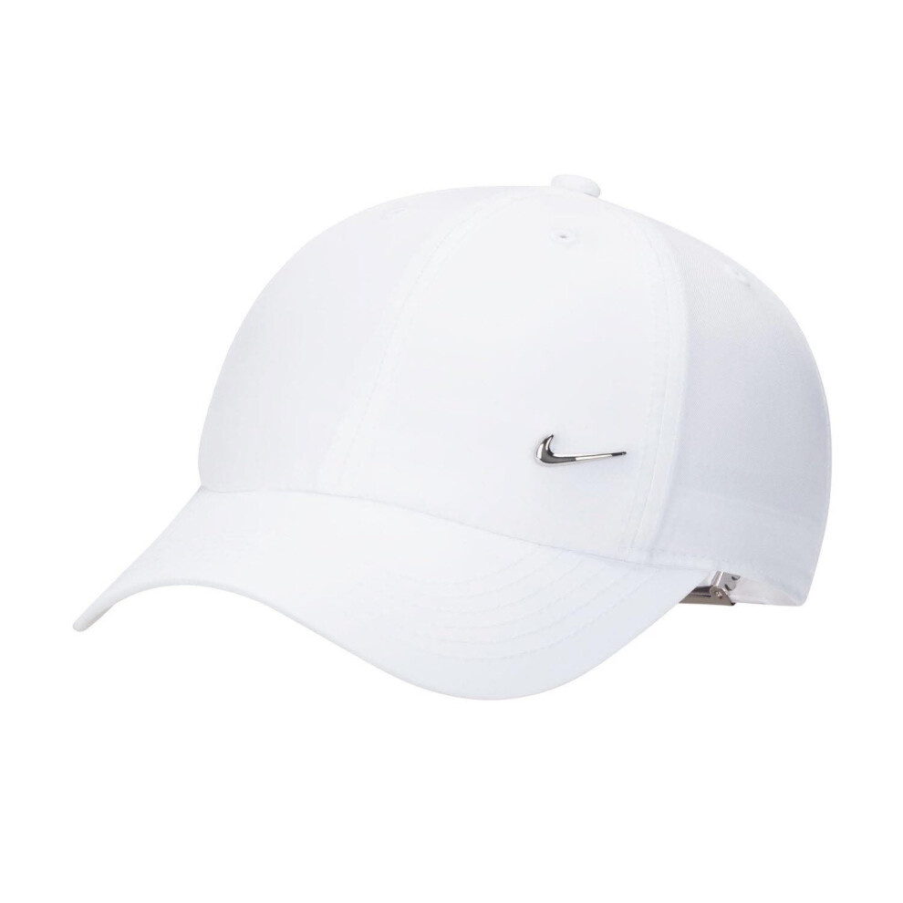 Nike Kids' Dri-Fit Club Unstructured Metal Swoosh Cap, White/Metallic Silver, 1Size White,Silver