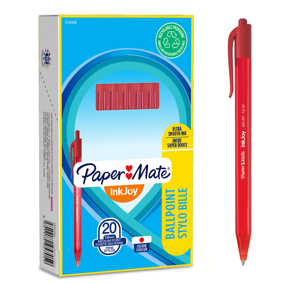 Paper Mate InkJoy 100RT Retractable Ballpoint Pens  Medium Point (10mm)  Red  20 count