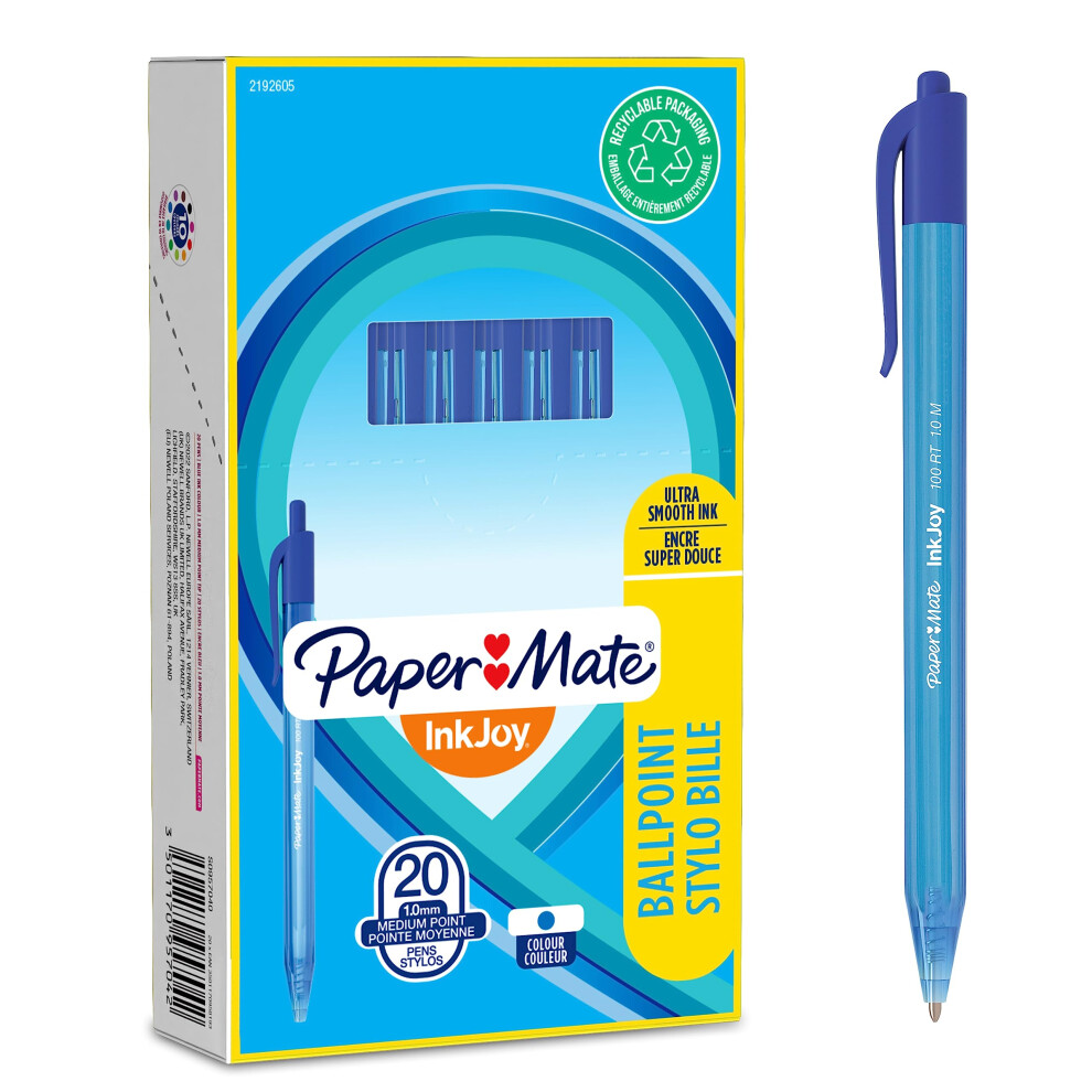 Paper Mate InkJoy 100RT Retractable Ballpoint Pens  Medium Point (10mm)  Blue  20 count