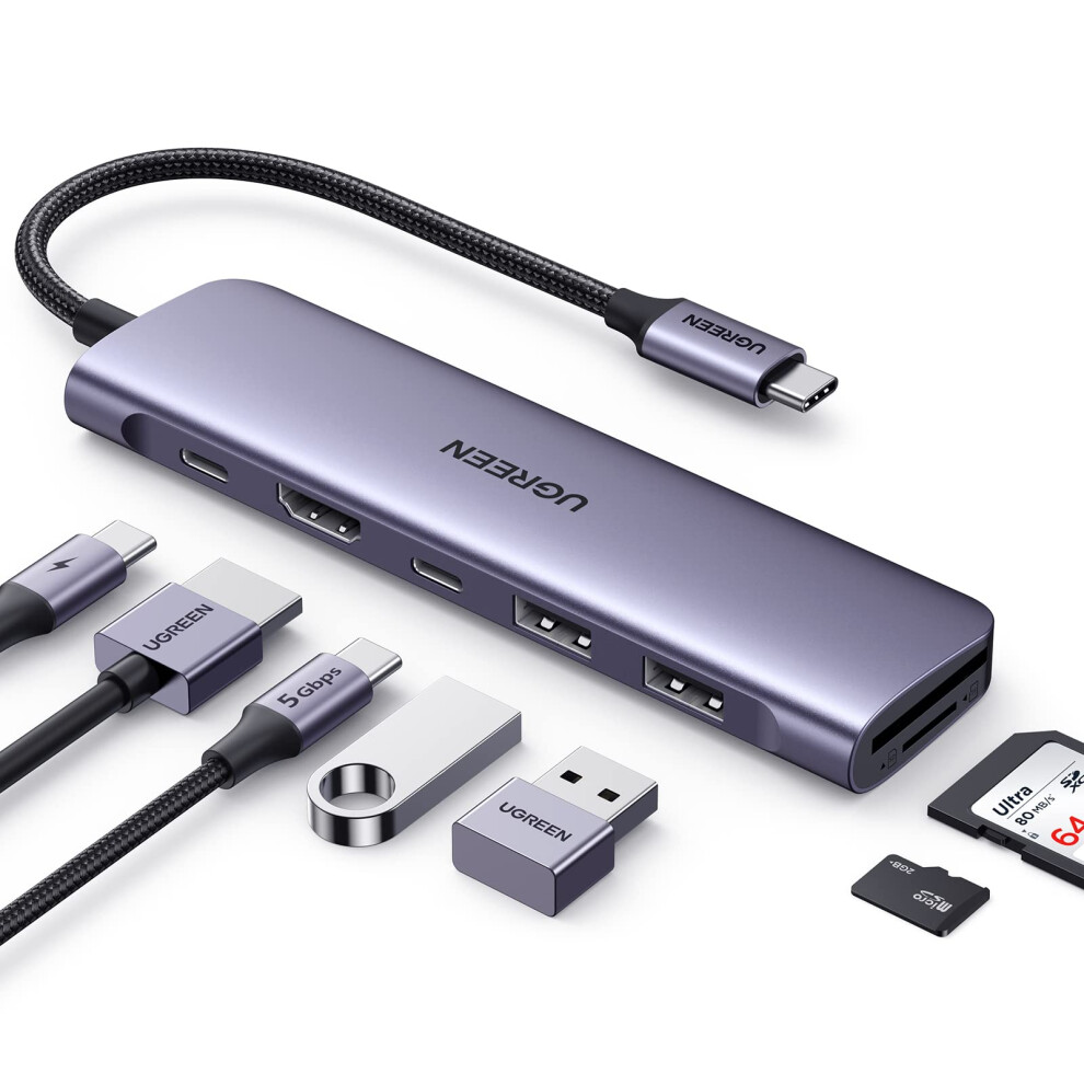 Ugreen Revodok 7 In 1 Usb-C Hub With 4K Hdmi 100W Power Delivery Usb-C & 2 Usb-A 5Gbps Data Ports Sdtf Card Reader Usb C Dongle For Macbook Proair