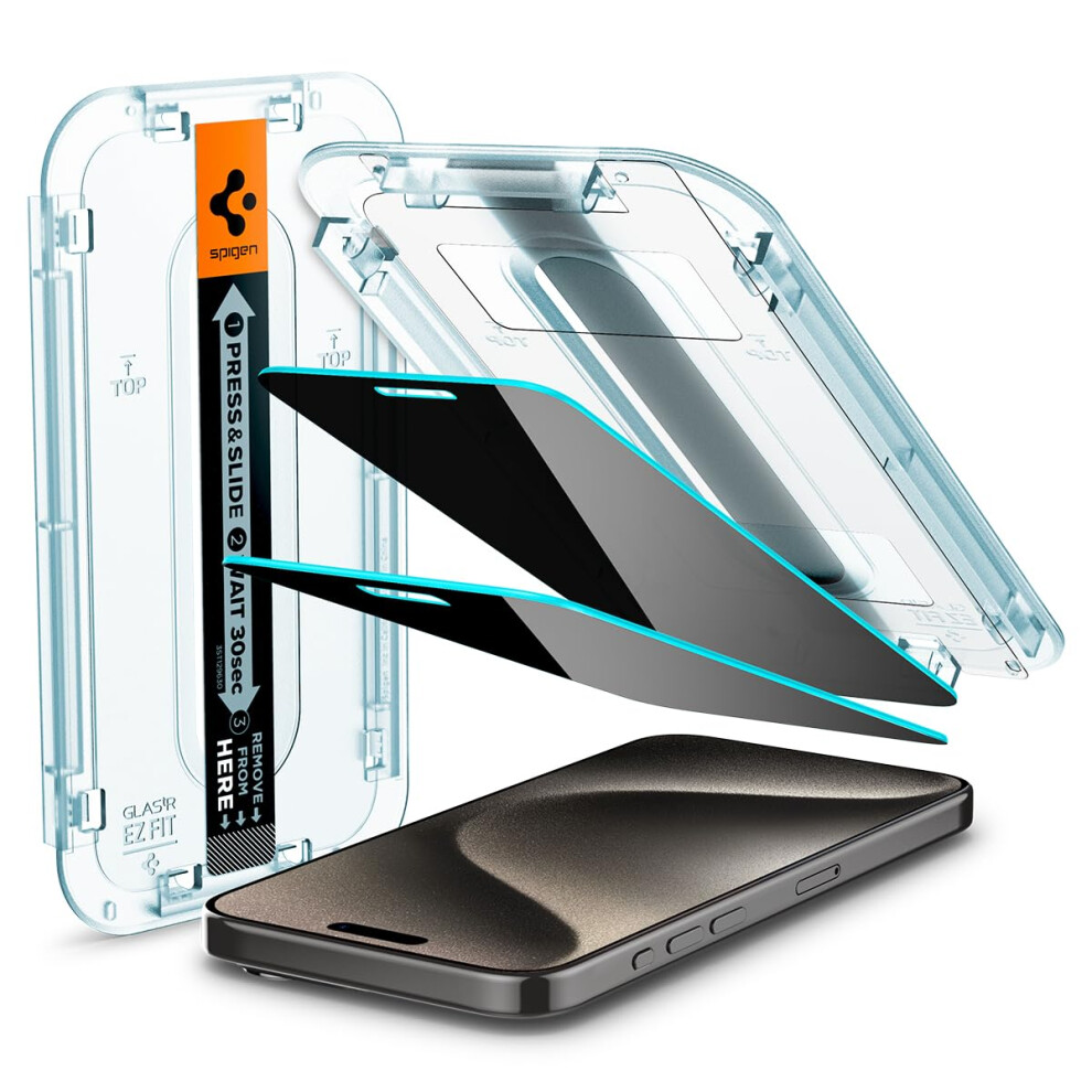 Spigen Tempered glass Screen Protector glasTR EZ FIT - Privacy] Designed for iPhone 15 Pro Max case Friendly] - 2 Pack