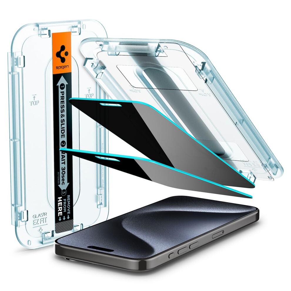 Spigen Tempered glass Screen Protector glasTR EZ FIT - Privacy] Designed for iPhone 15 Pro case Friendly] - 2 Pack