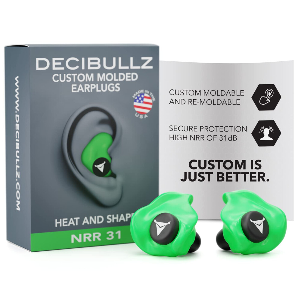 Decibullz - Custom Molded Earplugs 31Db Highest Nrr Comfortable Hearing Protection For Shooting Travel Swimming Work And Concerts (Green) 850006148264