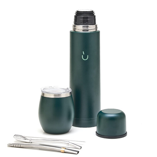 BALIBETOV Complete Yerba Mate Set - Modern Mate Kalebas (90 fl oz), thermosfles met 2 tuiten (300 fl oz), 2 Bombilla rietjes - Premium Quality Kit, groen