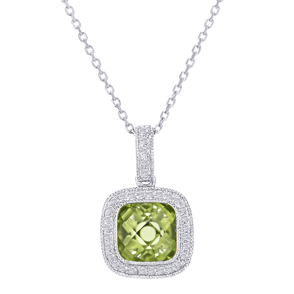 Jewelco London 9ct White Gold Round 10pts Diamond Cushion 1.4ct Peridot Cocktail Pendant Necklace 16 inch 42cm - DP1AXL679WPD