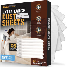 RAULDE 6 Pack Large Plastic Dust Sheets for Decorating Heavy Duty - 36m x 27m (12ft x 9ft) - Polythene Sheeting for Furniture and Floor Protection - P