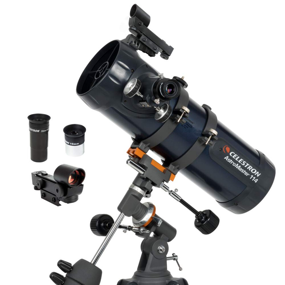 Celestron - AstroMaster 114EQ Newtonian Telescope - Reflector Telescope for Beginners - Fully-Coated Glass Optics - Adjustable-Height Tripod - Bonus A