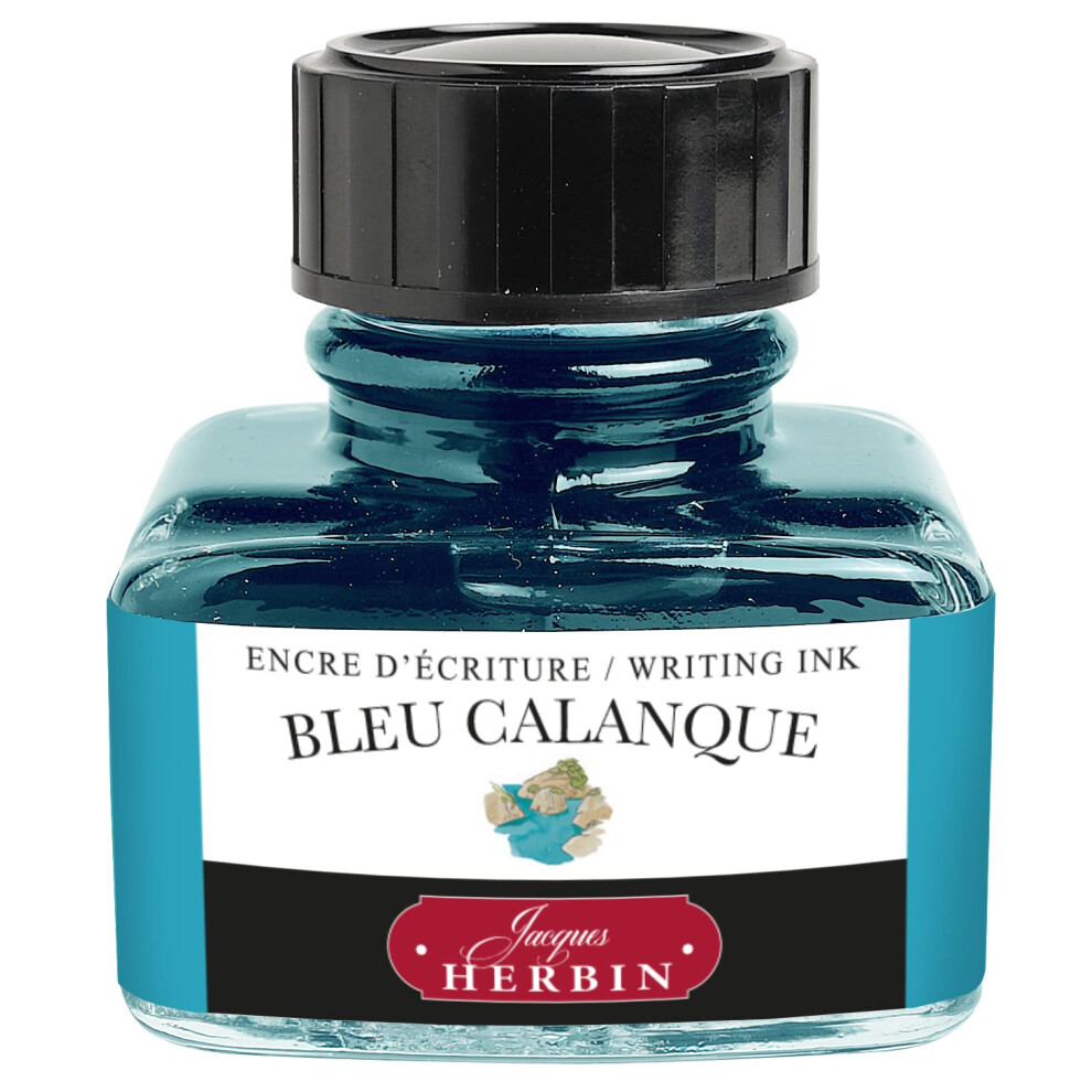 Herbin Jacques Ref 13014T - Ink for Fountain Pens & Rollerball Pens - Blue Calanque/Creek Blue - 30ml Bottle with Integrated Pen Rest - Blue-Coloured