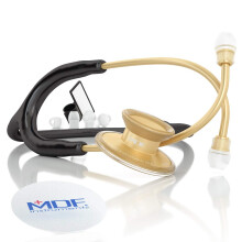 MDF Acoustica Lightweight Stethoscope for Doctors Nurses Students Home Health Use Adult Dual Head Black Tube Gold Chestpiece-Headset MDF747XPK