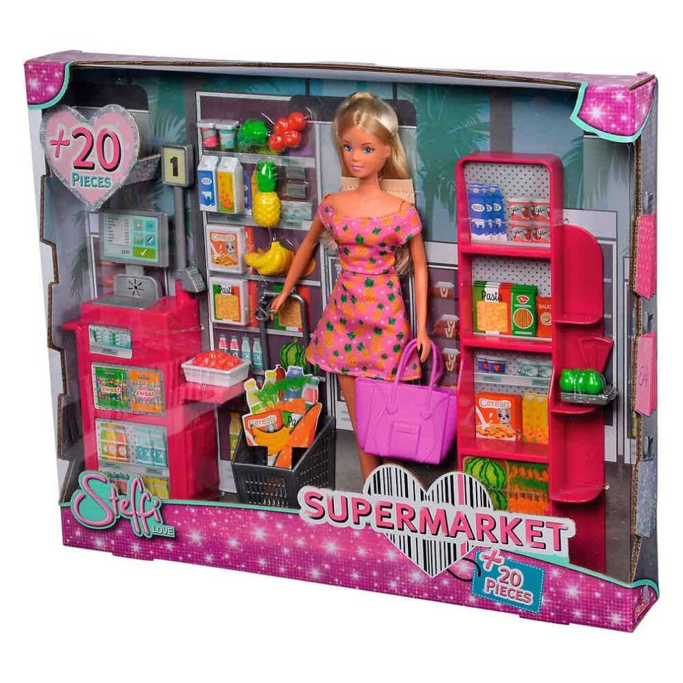 Simba 105733613 Steffi Love Supermarket Toy Doll In Supermarket With Cashier Shopping Bag And Many Foods 29 Cm Doll From 3 Years