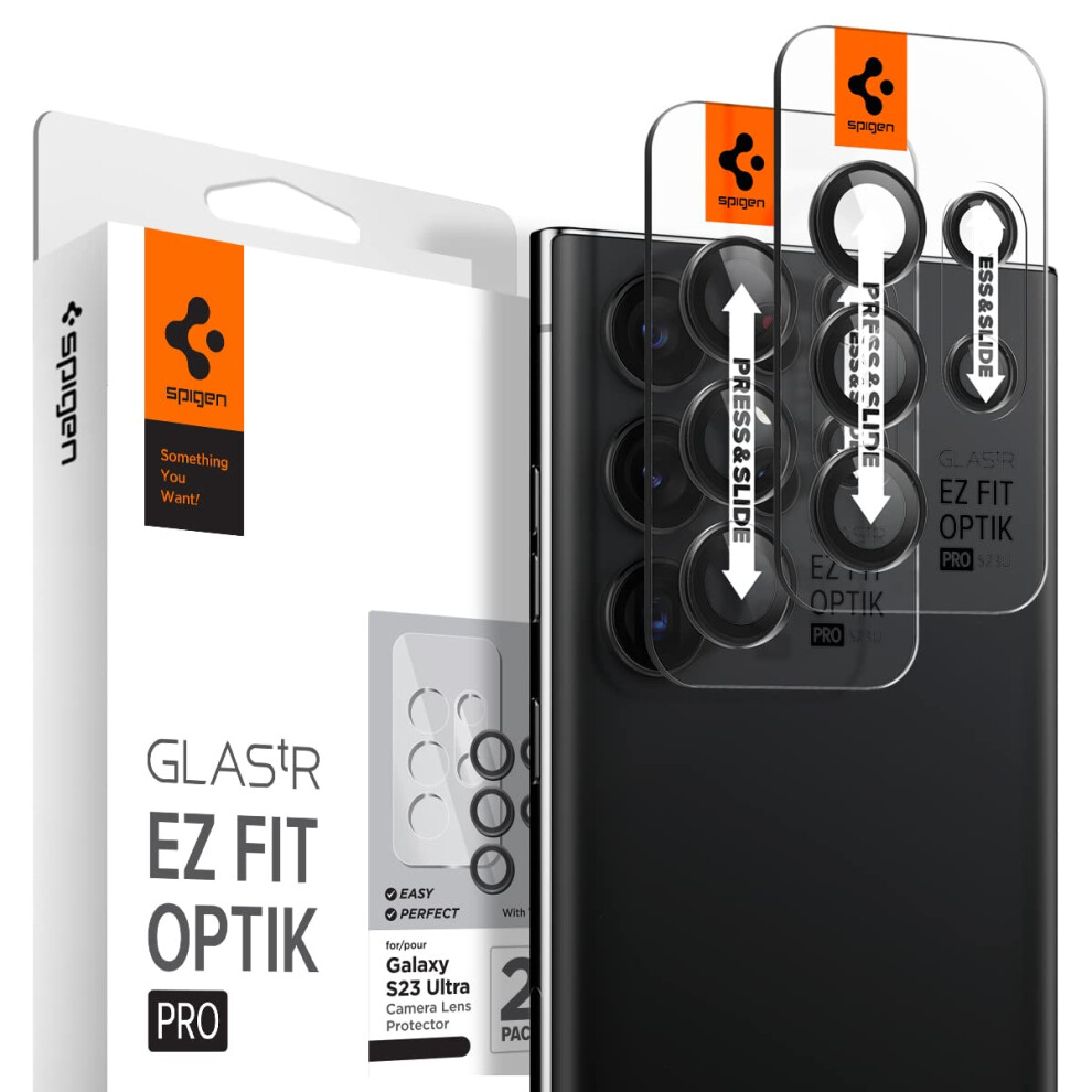 Spigen Camera Lens Screen Protector [Glas.tR EZ Fit Optik Pro] Designed for Galaxy S23 Ultra - Black [2 Pack]