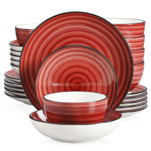 vancasso Bonbon Red Dinnerware Set 24 Pieces Stoneware Dinner Set Handpainted Spirals Pattern Stoneware Combination Set with Dinner Plates Dessert Pl