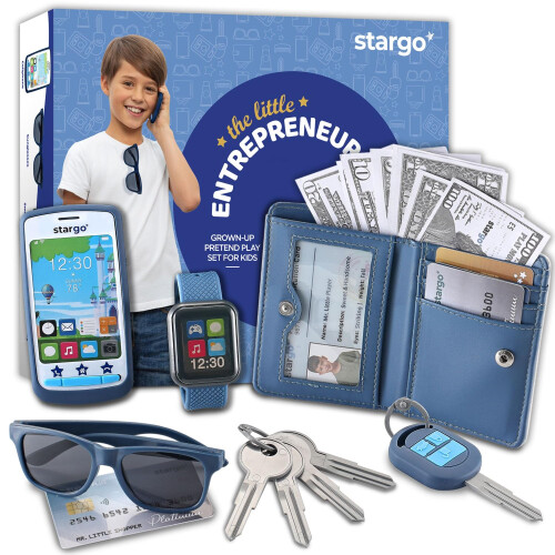 Play Wallet for Boys with Money and Pretend Play Toys  Cellphone  Smartwatch  Keys  Sunglasses  Toddler Wallet for Kids Ages 3 4 5 6 7 8 9 10 11 12 -