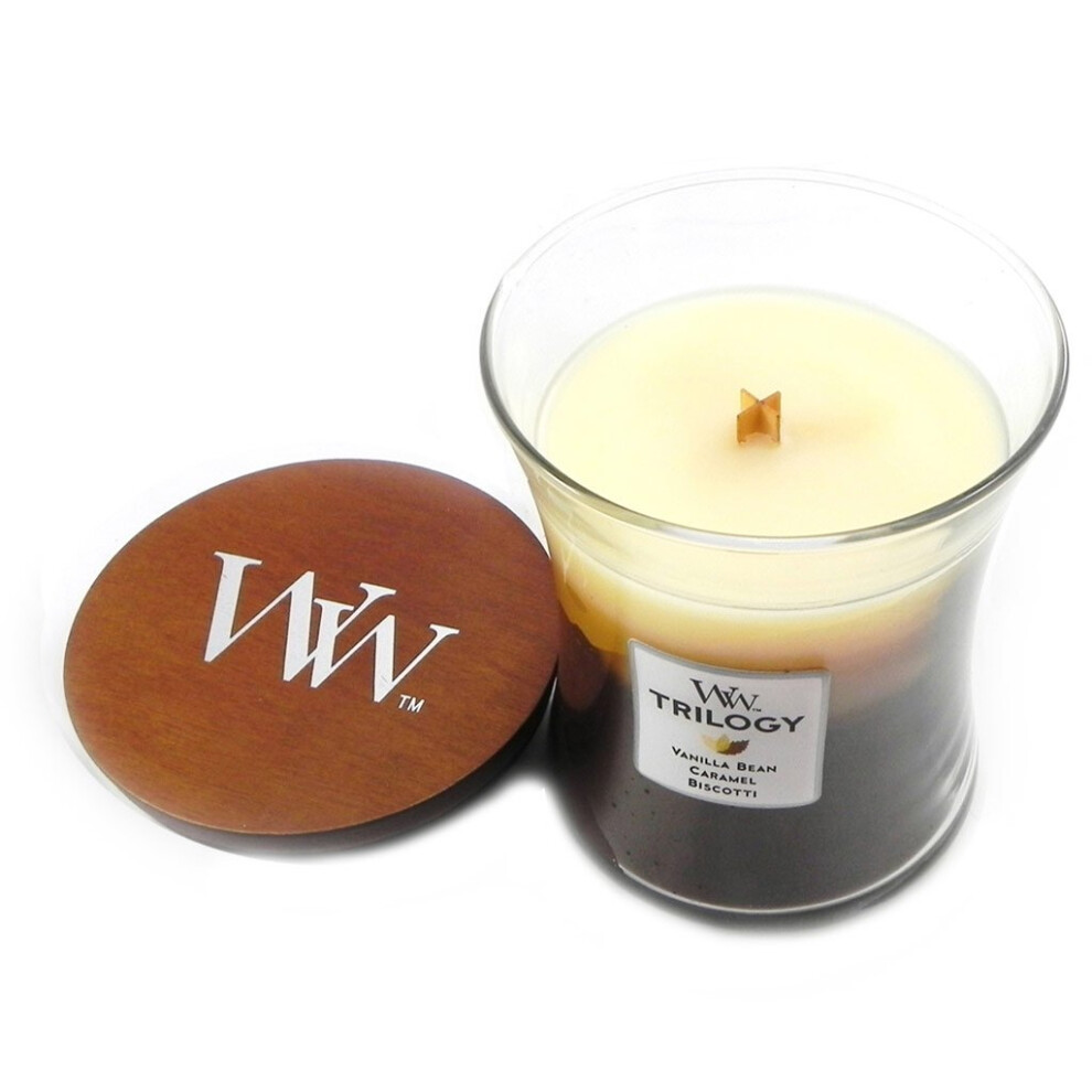 WoodWick Medium Hourglass Candle  Caf? Sweets Trilogy Scent  9.7oz  Crackles as it burns  Premium Soy Blend  Perfect for gifting