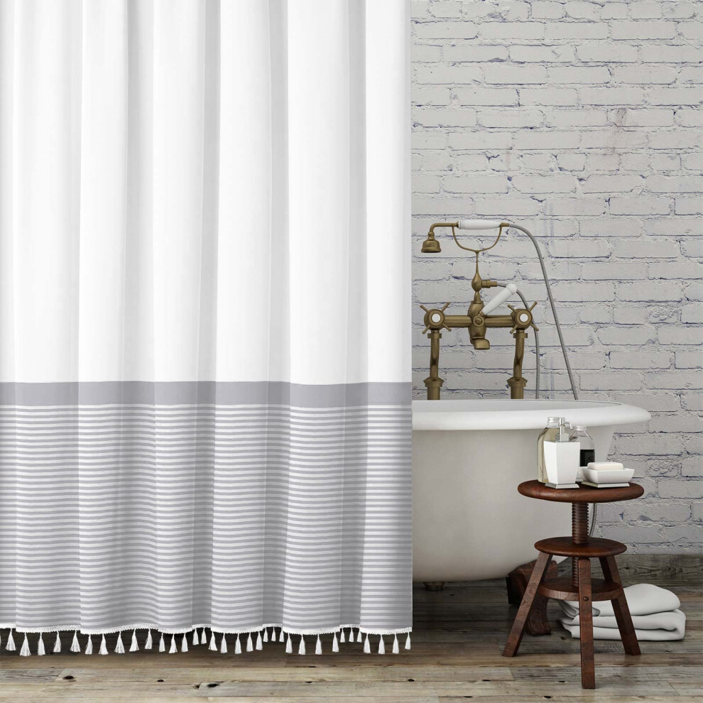 Seasonwood Extra Long Shower Curtain Tassel White and Gray Shower Curtains for Bathroom Farmhouse Modern Grey Bathroom Curtain Set 72?84