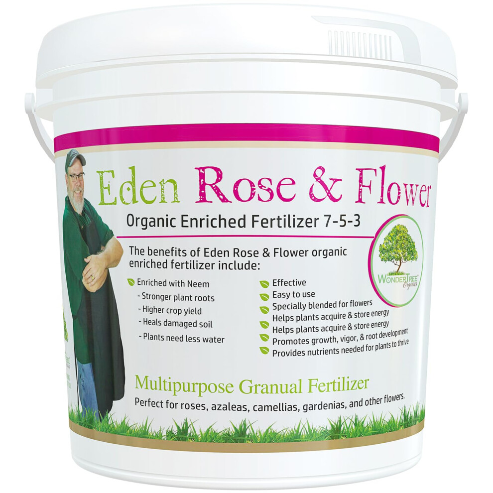 Eden Rose & Flower Organic Enriched Fertilizer | Neem Plant Food-7-5-3 Enriched Formula | for Best Flower Growth (5lbs)