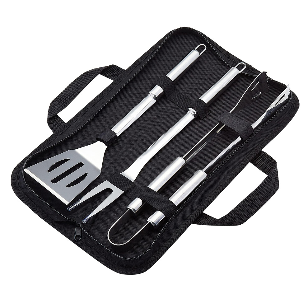 Amazon Basics 4-Piece Stainless Steel Barbeque Grilling Tool Set with Carry Bag