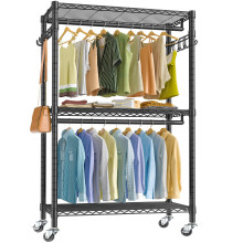 VIPEK V12 Heavy Duty Rolling Garment Rack 3 Tiers Adjustable Wire Shelving Clothes Rack with Double Rods and Side Hooks Freestanding Wardrobe Storage