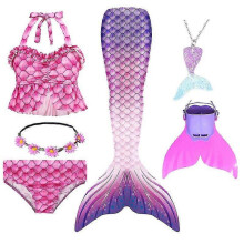 (130cm(7-8T), 6PCS with fins9) Summer Girl Mermaid Tail With Monofin Halloween Costume Princess Dress Swimsuit Bikini Bathing Suit For Swim