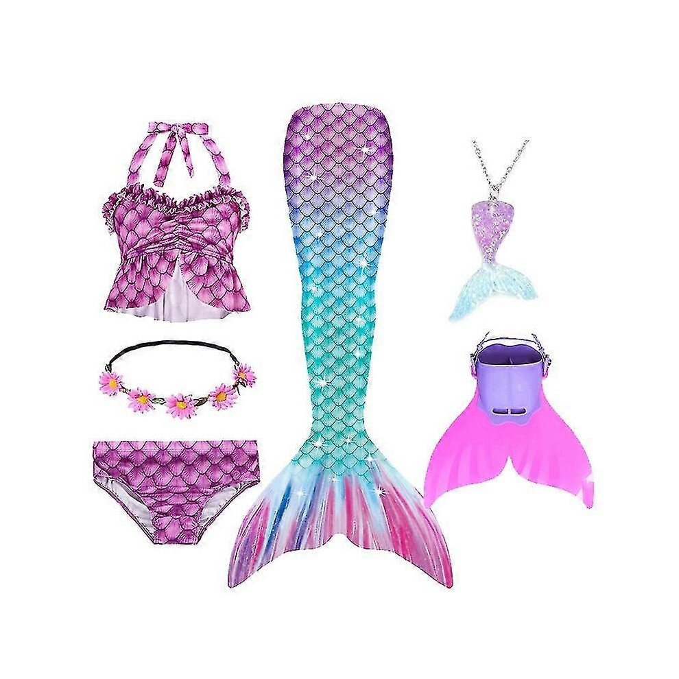 (130cm(7-8T), 6PCS with fins7) Summer Girl Mermaid Tail With Monofin Halloween Costume Princess Dress Swimsuit Bikini Bathing Suit For Swim-image-OPC-PFT6XVT-NEW