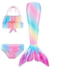 (120cm(5-6T), 3PCS without fins21) Summer Girl Mermaid Tail With Monofin Halloween Costume Princess Dress Swimsuit Bikini Bathing Suit For Swim