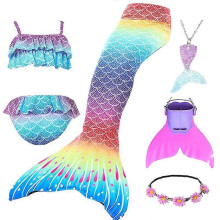 (120cm(5-6T), 6PCS with fins1) Summer Girl Mermaid Tail With Monofin Halloween Costume Princess Dress Swimsuit Bikini Bathing Suit For Swim