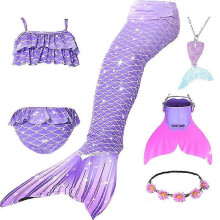 (120cm(5-6T), 6PCS with fins3) Summer Girl Mermaid Tail With Monofin Halloween Costume Princess Dress Swimsuit Bikini Bathing Suit For Swim
