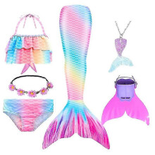 (120cm(5-6T), 6PCS with fins10) Summer Girl Mermaid Tail With Monofin Halloween Costume Princess Dress Swimsuit Bikini Bathing Suit For Swim