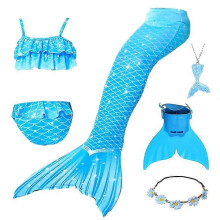 (120cm(5-6T), 6PCS with fins4) Summer Girl Mermaid Tail With Monofin Halloween Costume Princess Dress Swimsuit Bikini Bathing Suit For Swim