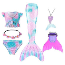 (120cm(5-6T), 6PCS with fins5) Summer Girl Mermaid Tail With Monofin Halloween Costume Princess Dress Swimsuit Bikini Bathing Suit For Swim