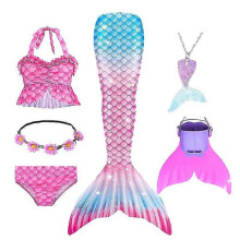 (120cm(5-6T), 6PCS with fins8) Summer Girl Mermaid Tail With Monofin Halloween Costume Princess Dress Swimsuit Bikini Bathing Suit For Swim