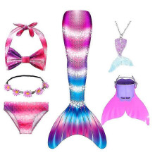 (120cm(5-6T), 6PCS with fins6) Summer Girl Mermaid Tail With Monofin Halloween Costume Princess Dress Swimsuit Bikini Bathing Suit For Swim