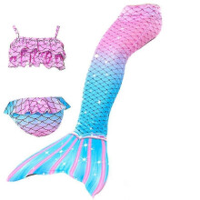 (140cm(9-10T), 3PCS without fins) Summer Girl Mermaid Tail With Monofin Halloween Costume Princess Dress Swimsuit Bikini Bathing Suit For Swim