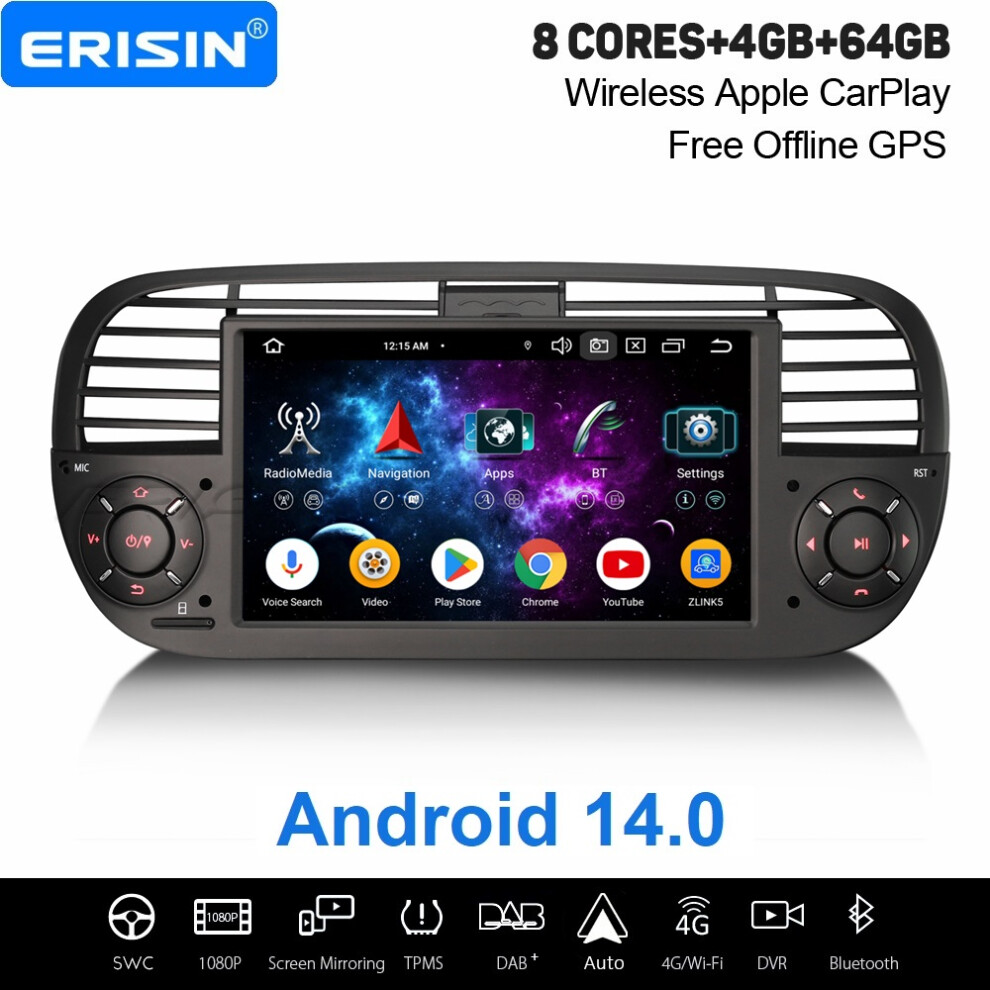 Erisin 4Gb+64Gb 8 Core Android 14 Carplay Dab+ Car Stereo Gps Radio For Fiat 500 500C 500E Wifi Dsp Bluetooth Usb 4G Canbus 737655237641