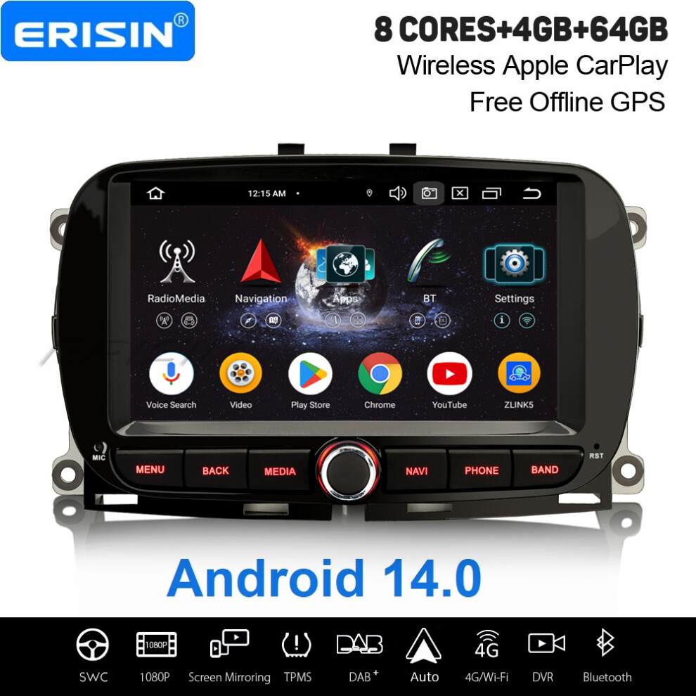 Erisin 4Gb+64Gb 8 Core Android 14 Carplay Car Stereo Gps For Fiat 500 500C 500E 500S Dab+ Radio Wifi Dsp Bluetooth Usb 4G Canbus 737655237665